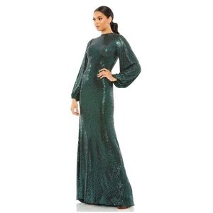 NWT Mac Duggal Disco Stretch Blouson Sleeve Gown Bottle Green Sz 2 #8251